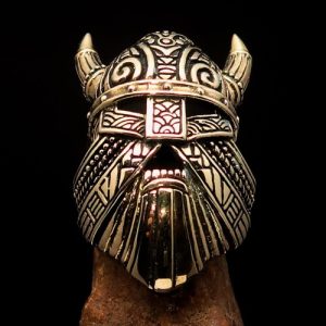 Excellent crafted Men's horned Viking Warrior Ring - antiqued Brass